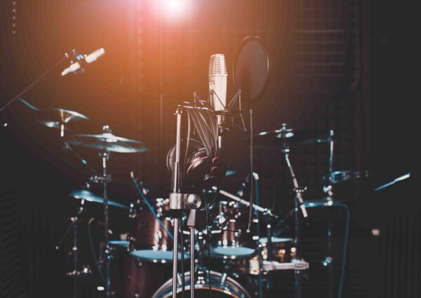 Close up of microphone in recording room.
